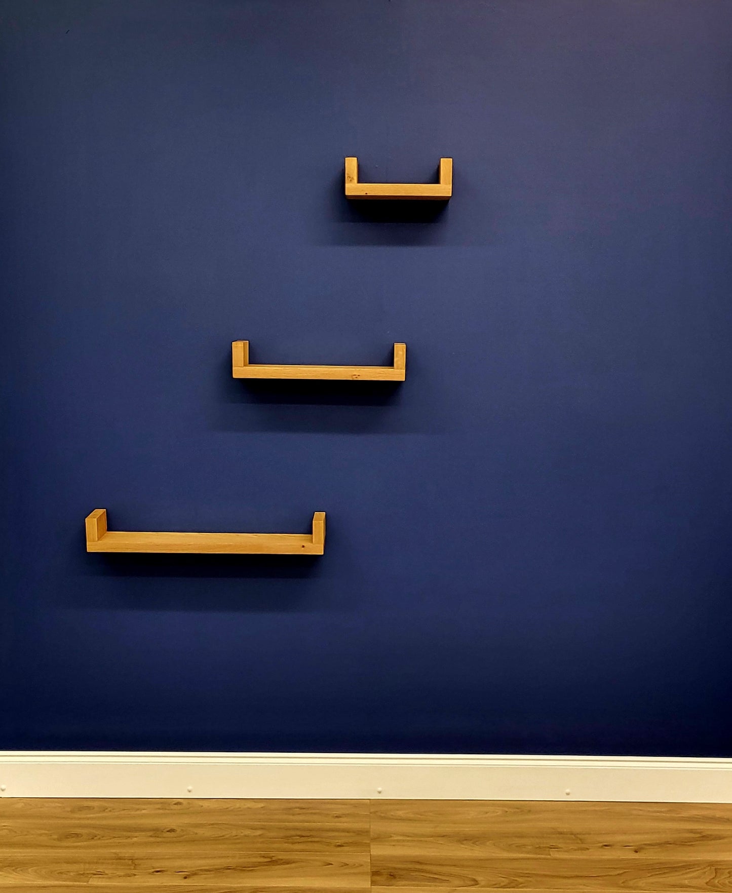 Set of 3 u shape oak shelves designed & made by ladesign workshop ltd