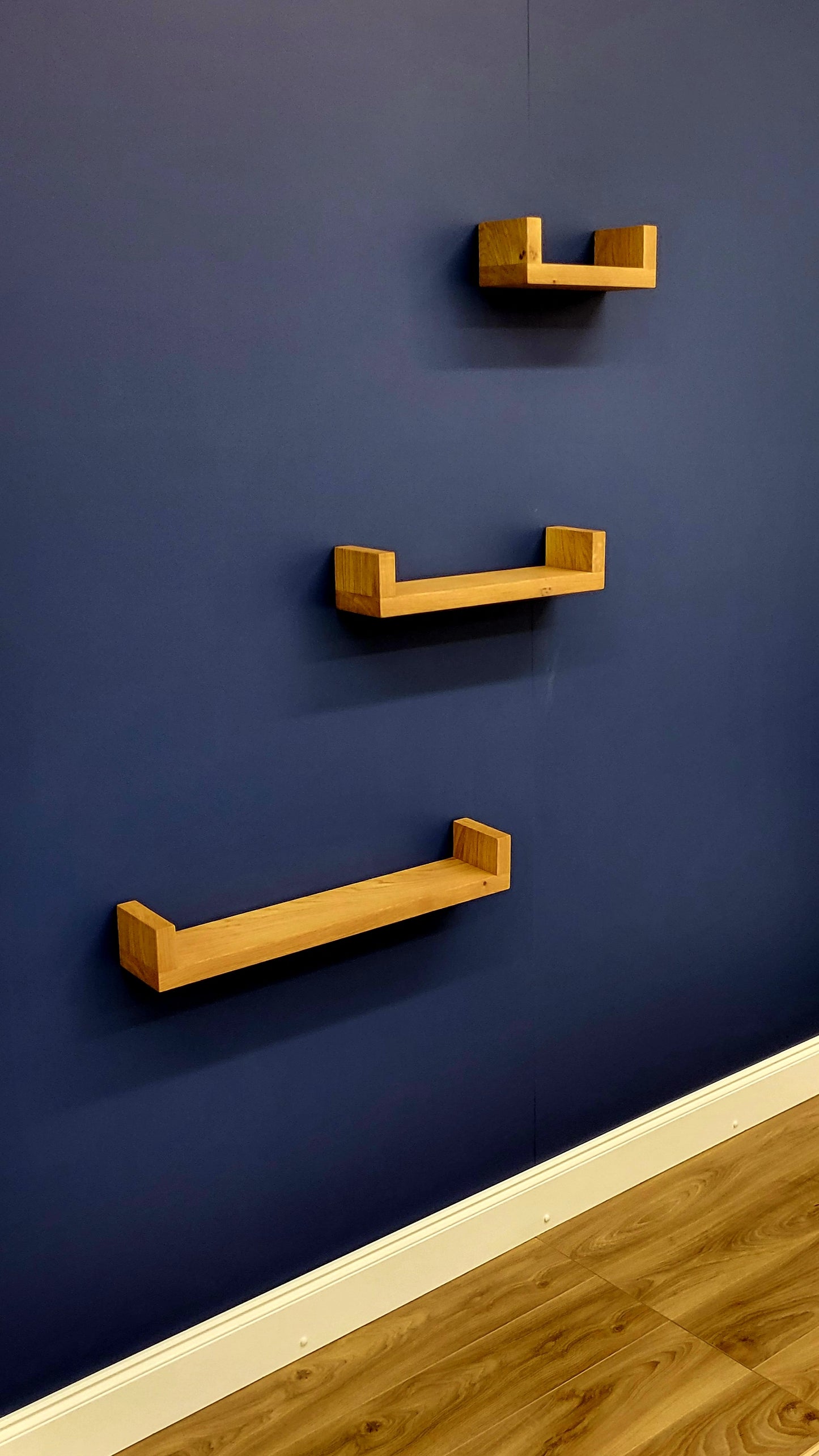 Set of 3 u shape oak shelves designed & made by ladesign workshop ltd